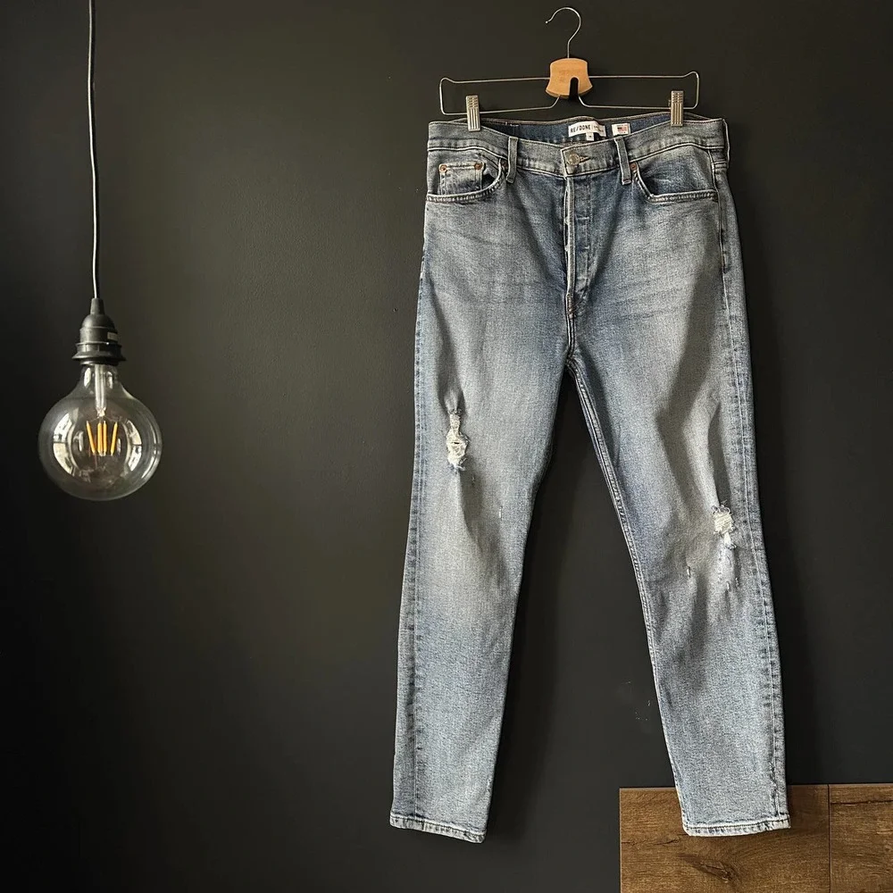 RE/DONE High Rise Ankle Crop Skinny Denim Jeans Blue Distressed Size 31